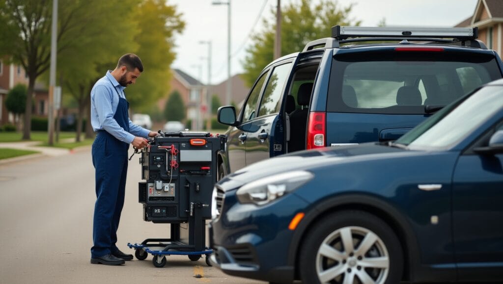 A professional mobile mechanic working on a car at a Tulsa residential location, with a fully-equipped service vehicle parked nearby. The mechanic is wearing a uniform and tools are visible, reflecting a clean, efficient work environment.