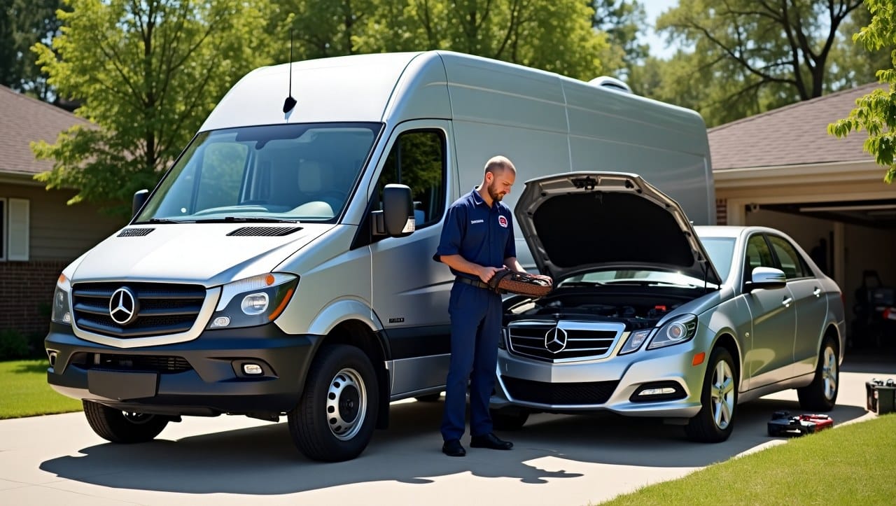 A sleek, modern mobile mechanic van parked in a suburban driveway with a mechanic working on a car. The mechanic is wearing a professional uniform with a logo on the chest and is examining the car’s engine under the hood.