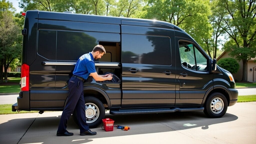The background shows a sunny day in Tulsa, OK with green trees, and the mechanic's tools and diagnostic equipment are neatly arranged beside the vehicle. The scene conveys convenience, professionalism, and a stress-free experience. A friendly and approachable vibe with a focus on customer satisfaction and fast service