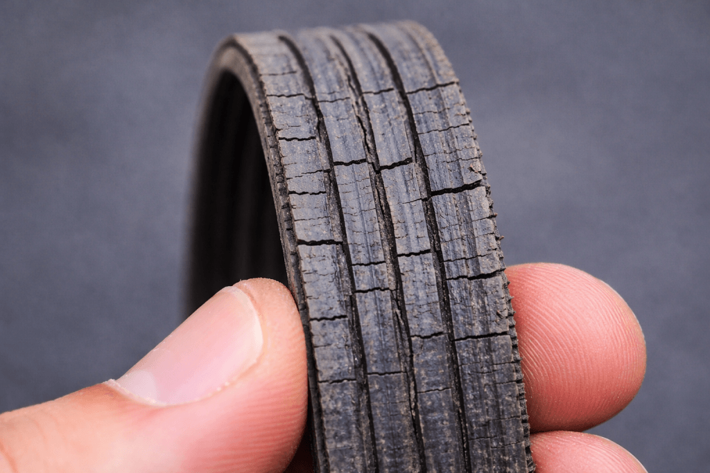 Close-up of a worn serpentine belt showing cracks and fraying.