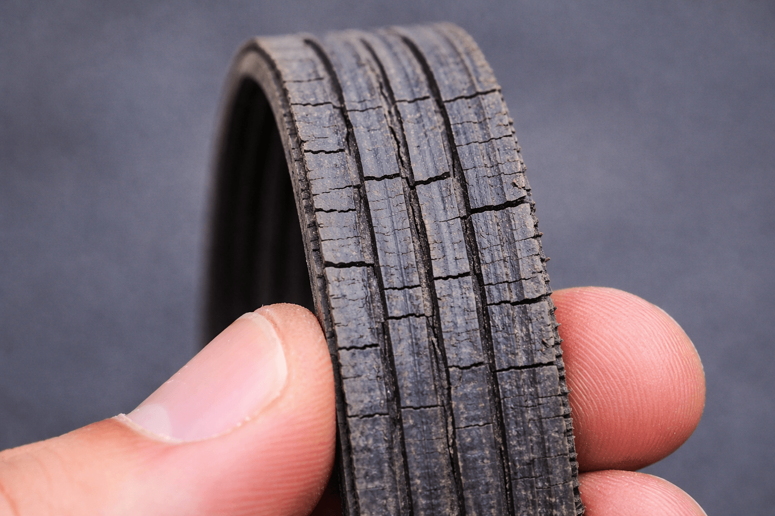 Close-up of a worn serpentine belt showing cracks and fraying.
